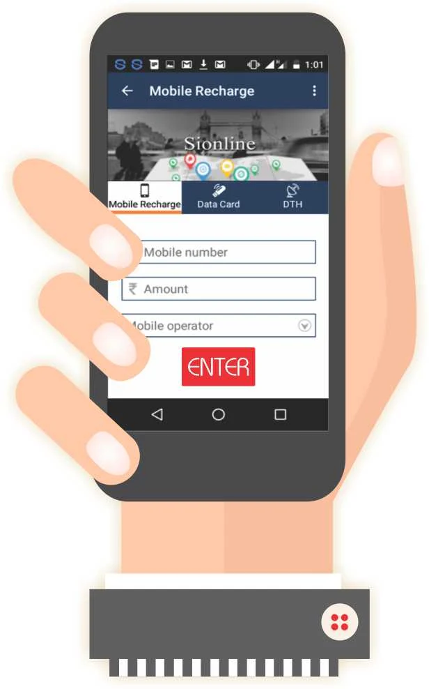 The SiOnline Android app open on the mobile recharge screen, with fields for mobile number, amount and operator